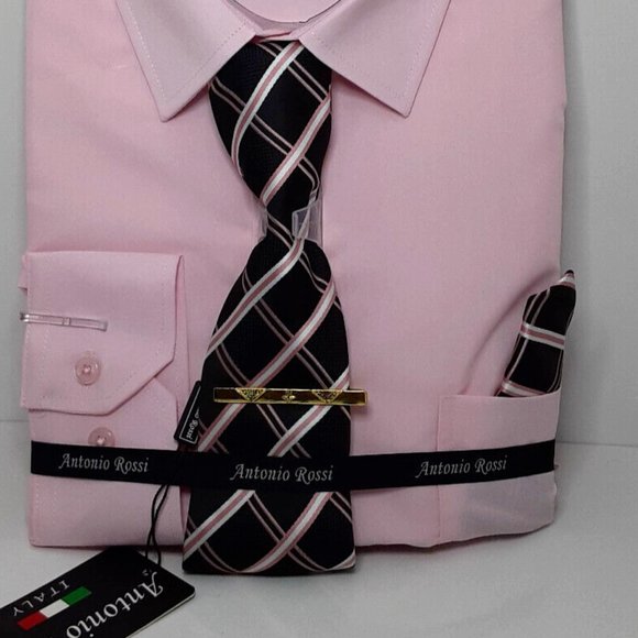 Antonio Rossi Dress Shirt, Tie, Clip & Handkerchief Set Size Large 16-16.5 Pink - Picture 3 of 3